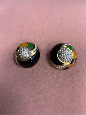 Guy Laroche Black Enamel Multicolor Crystal Clip-On Earrings